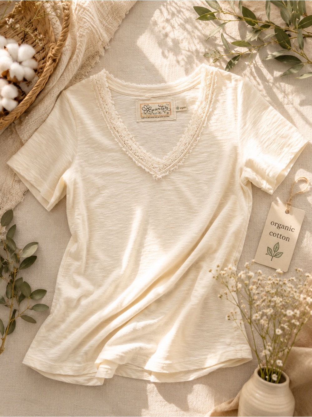 Aventura Organic Cotton Slub Knit Boho V Neck Tee Medium
